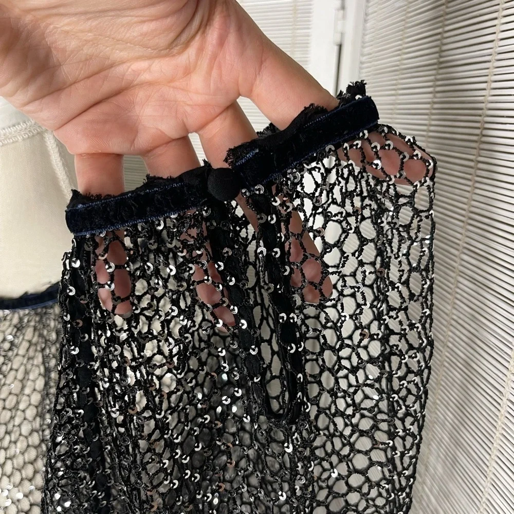 Free People Sparks Fly Sequin Fishnet Mesh Top Black Velvet Detail NWT M
